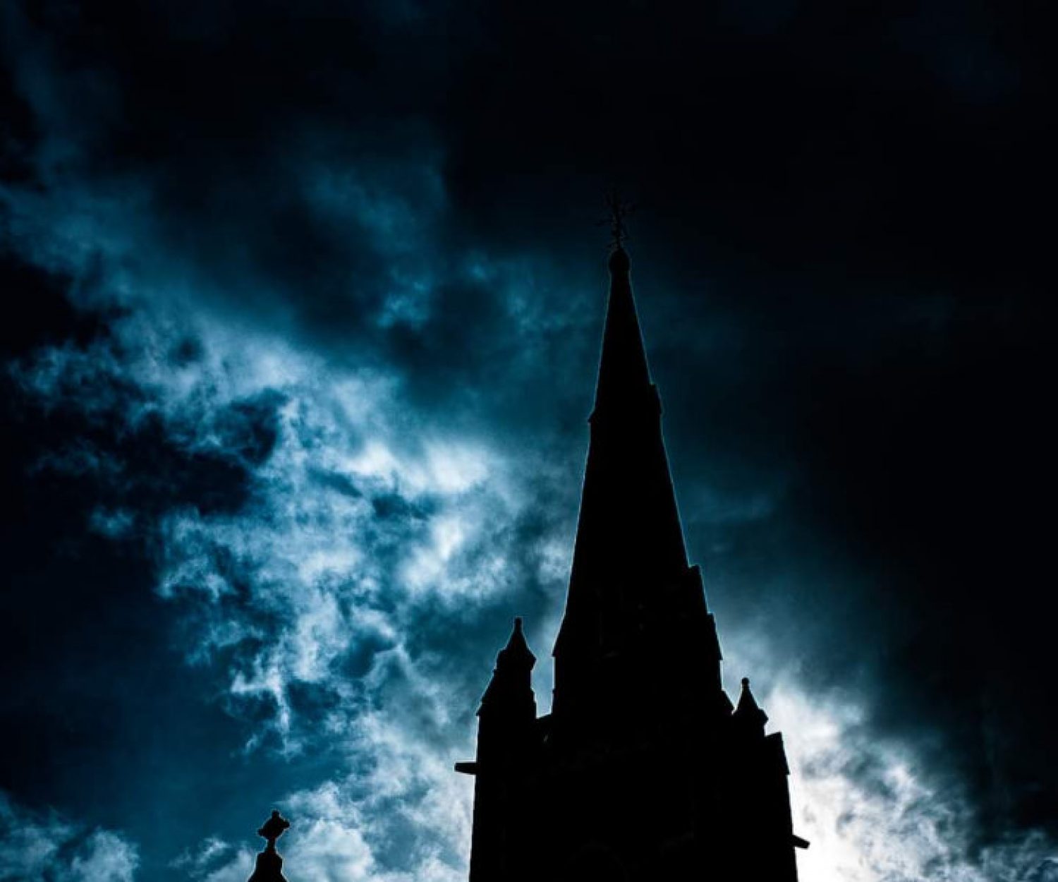 Halloween tour cover photo of spooky church steeple