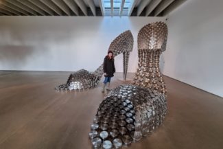 Art installation of high heels, made from pots and pans